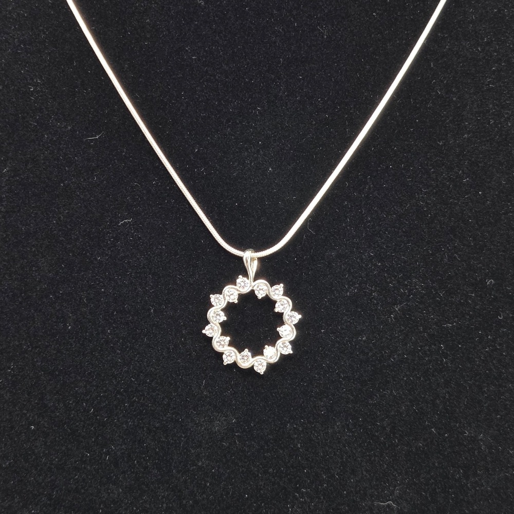 Sterling Silver Round Circle Pendant Necklace CZ Stones Snake Chain 18" 1mm 6.9g
